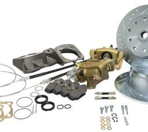 Deluxe Rear Disc Brake Kit - Swing Axle 5-Lug, Double Drilled 5x130mm and 5x4.75" Directional Drilled and Slotted Rotors with Emergency Brake