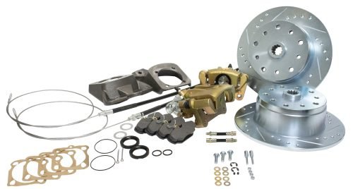 Deluxe Rear Disc Brake Kit - Swing Axle 5-Lug, Double Drilled 5x130mm and 5x4.75" Directional Drilled and Slotted Rotors with Emergency Brake