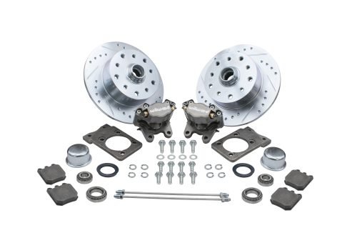 Bolt-On Front Disc Brake Kit - Super Beetle 5-Lug, Double Drilled 5x130mm and 5x4.75" Directional Drilled and Slotted Rotors with High Performance Wilwood Natural Finish Caliper