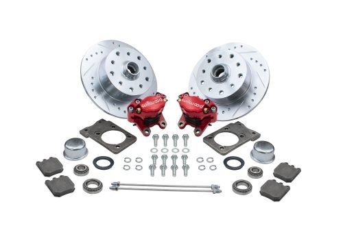 Bolt-On Front Disc Brake Kit - Super Beetle 5-Lug, Double Drilled 5x130mm and 5x4.75" Directional Drilled and Slotted Rotors with High Performance Wilwood Red Caliper