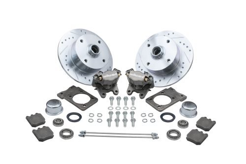 Bolt-On Front Disc Brake Kit - Super Beetle 4-Lug, 4x130mm Directional Drilled and Slotted Rotors with High Performance Wilwood Natural Finish Caliper