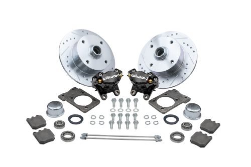 Bolt-On Front Disc Brake Kit - Super Beetle 4-Lug, 4x130mm Directional Drilled and Slotted Rotors with High Performance Wilwood Black Caliper