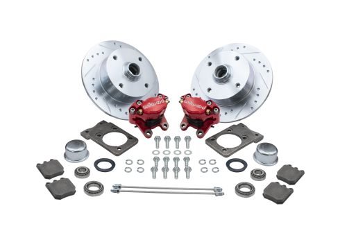 Bolt-On Front Disc Brake Kit - Super Beetle 4-Lug, 4x130mm Directional Drilled and Slotted Rotors with High Performance Wilwood Red Caliper
