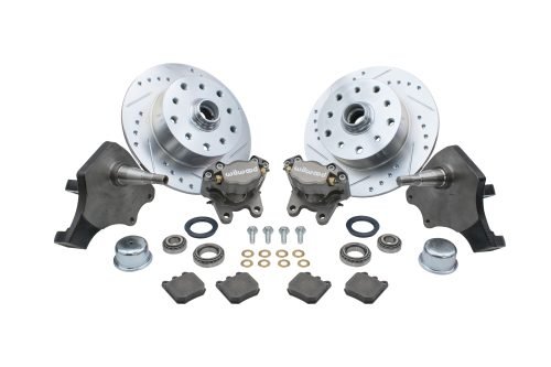 Forged Drop Spindle Front Disc Brake Kit - Ball Joint 5-Lug, Double Drilled 5x130mm and 5x4.75" Directional Drilled and Slotted Rotors with High Performance Wilwood Natural Finish Caliper