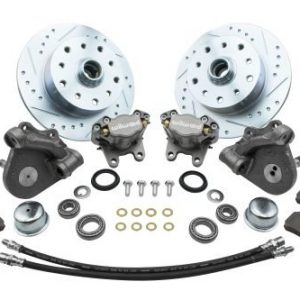 Forged Drop Spindle Front Disc Brake Kit - Link Pin 5-Lug, Double Drilled 5x130mm and 5x4.75" Directional Drilled and Slotted Rotors with High Performance Wilwood Natural Finish Caliper
