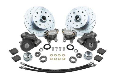 Forged Drop Spindle Front Disc Brake Kit - Link Pin 5-Lug, Double Drilled 5x130mm and 5x4.75" Directional Drilled and Slotted Rotors with High Performance Wilwood Natural Finish Caliper