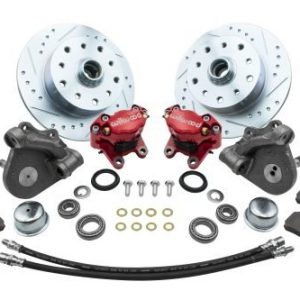 Forged Drop Spindle Front Disc Brake Kit - Link Pin 5-Lug, Double Drilled 5x130mm and 5x4.75" Directional Drilled and Slotted Rotors with High Performance Wilwood Red Caliper