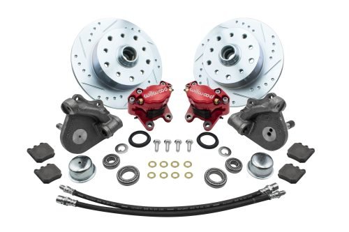 Forged Drop Spindle Front Disc Brake Kit - Link Pin 5-Lug, Double Drilled 5x130mm and 5x4.75" Directional Drilled and Slotted Rotors with High Performance Wilwood Red Caliper