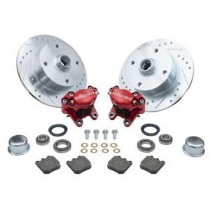 Forged Drop Spindle Front Disc Brake Kit - Ball Joint 4-Lug, 4x130mm Directional Drilled and Slotted Rotors with High Performance Wilwood Red Caliper1968-1977 without Spindles