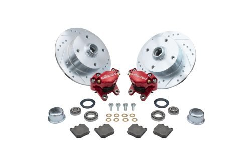 Forged Drop Spindle Front Disc Brake Kit - Ball Joint 4-Lug, 4x130mm Directional Drilled and Slotted Rotors with High Performance Wilwood Red Caliper1968-1977 without Spindles