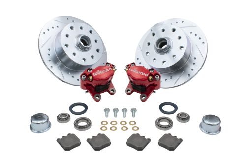 Forged Drop Spindle Front Disc Brake Kit - Ball Joint 5-Lug, Double Drilled 5x130mm and 5x4.75" Directional Drilled and Slotted Rotors with High Performance Wilwood Red Caliper without Spindles