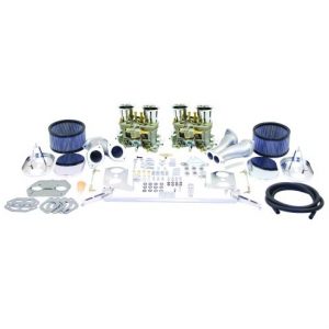 EMPI Deluxe 40mm HPMX Dual Carburetor Kit : Dual Port, Fits Type 1, with Chrome Air Cleaners and Offset Intake Manifold