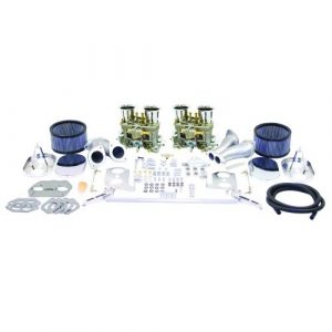 EMPI Deluxe 44mm HPMX Dual Carburetor Kit : Dual Port, Fits Type 1, with Chrome Air Cleaners and Offset Intake Manifold