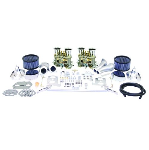 EMPI Deluxe 44mm HPMX Dual Carburetor Kit : Dual Port, Fits Type 1, with Chrome Air Cleaners and Offset Intake Manifold