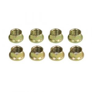 6 Point 8mm Engine Nuts, Gold Zinc Plated, 8 pcs, 8mm-1.25 Thread, uses 10mm Wrench Size